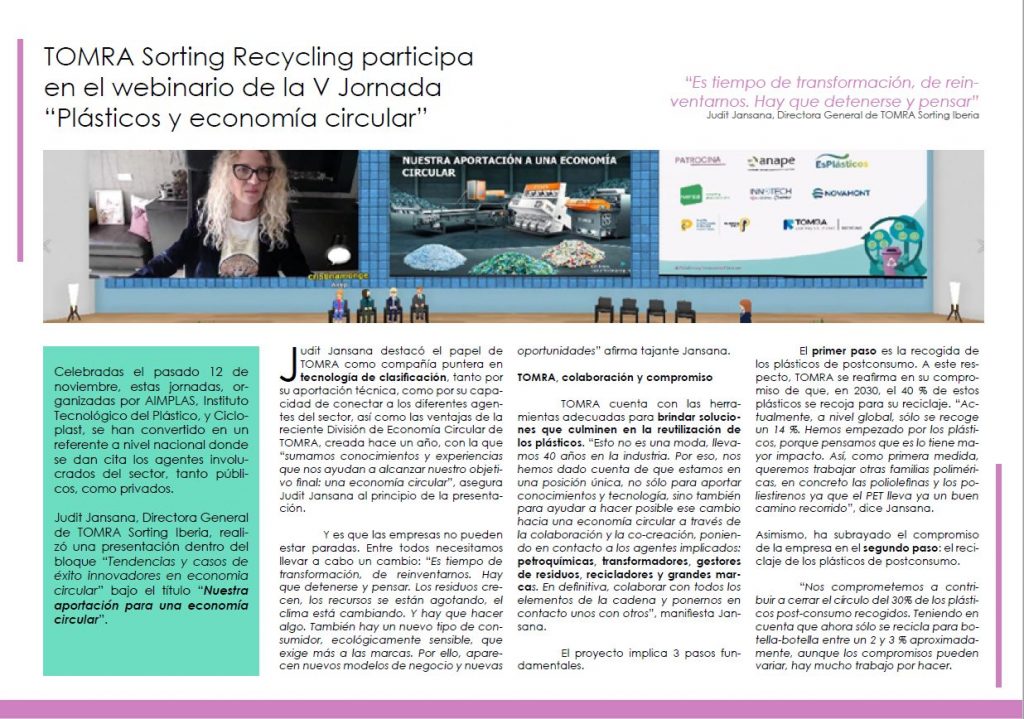 TOMRA Sorting Recycling participa en el webinario de la V Jornada “Plásticos y economía circular”